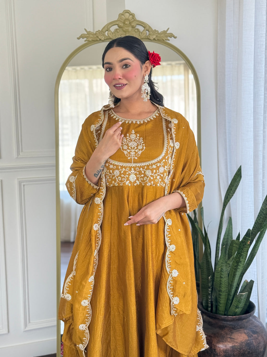 Women’s Mustard Festive Vichitra Silk Kurta Set with Embroidered Cut-Work Dupatta