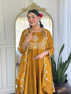 Women’s Mustard Festive Vichitra Silk Kurta Set with Embroidered Cut-Work Dupatta