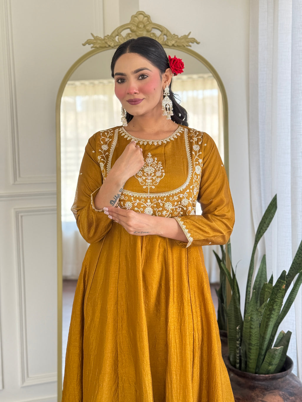 Women’s Mustard Festive Vichitra Silk Kurta Set with Embroidered Cut-Work Dupatta