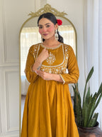 Women’s Mustard Festive Vichitra Silk Kurta Set with Embroidered Cut-Work Dupatta