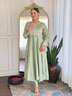 Women’s Pista Festive Vichitra Silk Kurta Set with Embroidered Cut-Work Dupatta