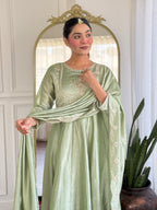 Women’s Pista Festive Vichitra Silk Kurta Set with Embroidered Cut-Work Dupatta
