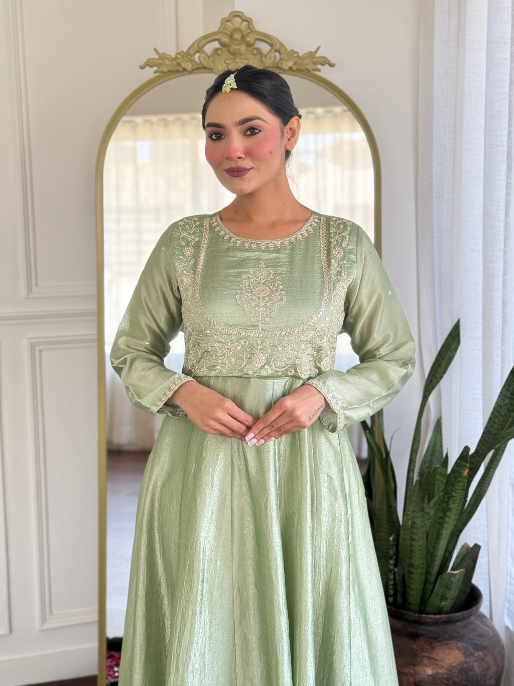 Women’s Pista Festive Vichitra Silk Kurta Set with Embroidered Cut-Work Dupatta