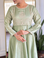 Women’s Pista Festive Vichitra Silk Kurta Set with Embroidered Cut-Work Dupatta