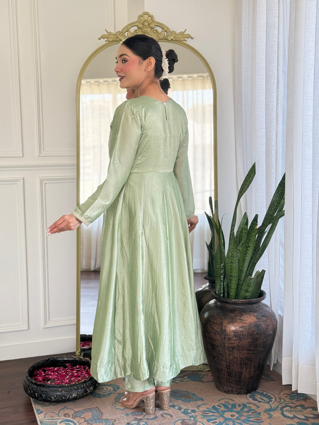 Women’s Pista Festive Vichitra Silk Kurta Set with Embroidered Cut-Work Dupatta