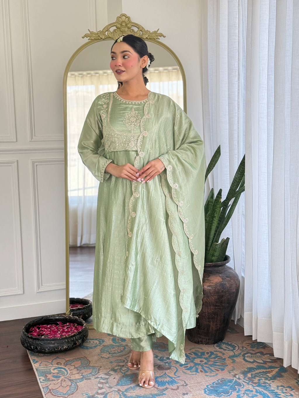Women’s Pista Festive Vichitra Silk Kurta Set with Embroidered Cut-Work Dupatta