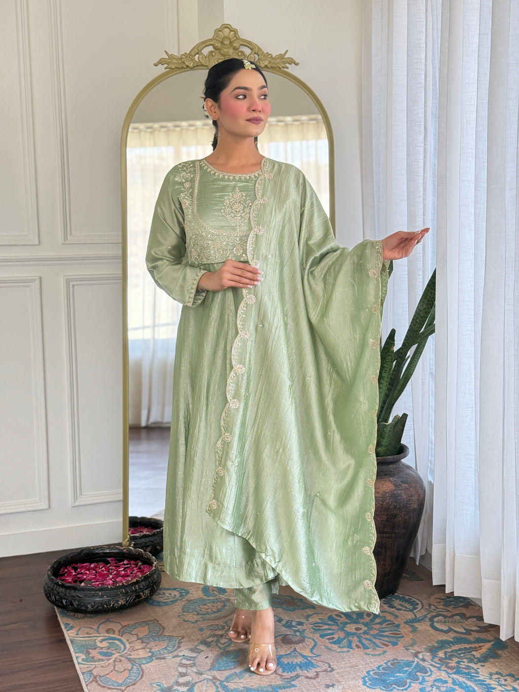 Women’s Pista Festive Vichitra Silk Kurta Set with Embroidered Cut-Work Dupatta