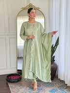 Women’s Pista Festive Vichitra Silk Kurta Set with Embroidered Cut-Work Dupatta