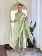 Women’s Pista Festive Vichitra Silk Kurta Set with Embroidered Cut-Work Dupatta