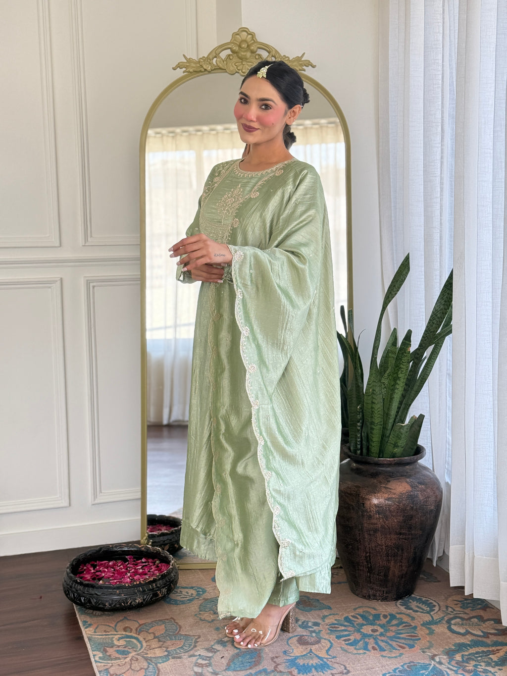 Women’s Pista Festive Vichitra Silk Kurta Set with Embroidered Cut-Work Dupatta