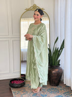 Women’s Pista Festive Vichitra Silk Kurta Set with Embroidered Cut-Work Dupatta