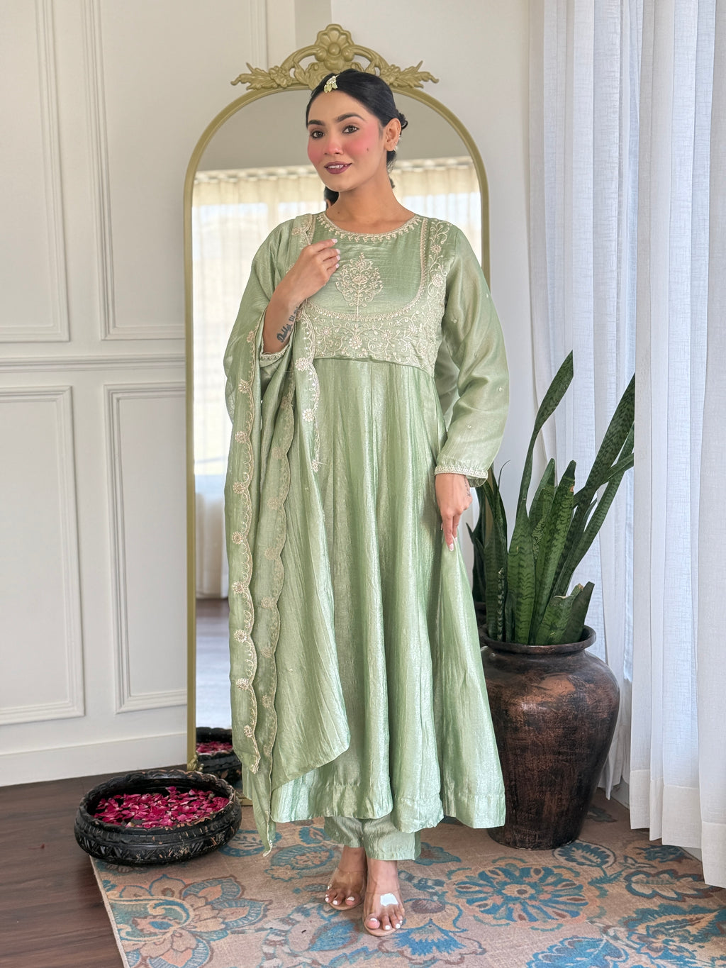 Women’s Pista Festive Vichitra Silk Kurta Set with Embroidered Cut-Work Dupatta