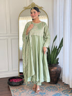 Women’s Pista Festive Vichitra Silk Kurta Set with Embroidered Cut-Work Dupatta