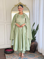 Women’s Pista Festive Vichitra Silk Kurta Set with Embroidered Cut-Work Dupatta