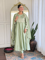 Women’s Pista Festive Vichitra Silk Kurta Set with Embroidered Cut-Work Dupatta
