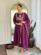Women’s Wine Festive Vichitra Silk Kurta Set with Embroidered Cut-Work Dupatta