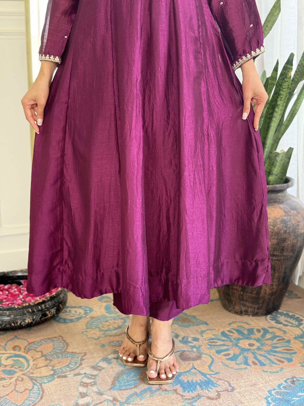 Women’s Wine Festive Vichitra Silk Kurta Set with Embroidered Cut-Work Dupatta