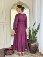 Women’s Wine Festive Vichitra Silk Kurta Set with Embroidered Cut-Work Dupatta