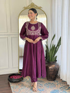 Women’s Wine Festive Vichitra Silk Kurta Set with Embroidered Cut-Work Dupatta