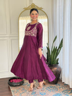 Women’s Wine Festive Vichitra Silk Kurta Set with Embroidered Cut-Work Dupatta