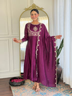 Women’s Wine Festive Vichitra Silk Kurta Set with Embroidered Cut-Work Dupatta