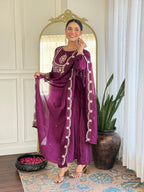 Women’s Wine Festive Vichitra Silk Kurta Set with Embroidered Cut-Work Dupatta