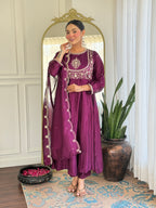 Women’s Wine Festive Vichitra Silk Kurta Set with Embroidered Cut-Work Dupatta
