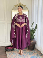 Women’s Wine Festive Vichitra Silk Kurta Set with Embroidered Cut-Work Dupatta