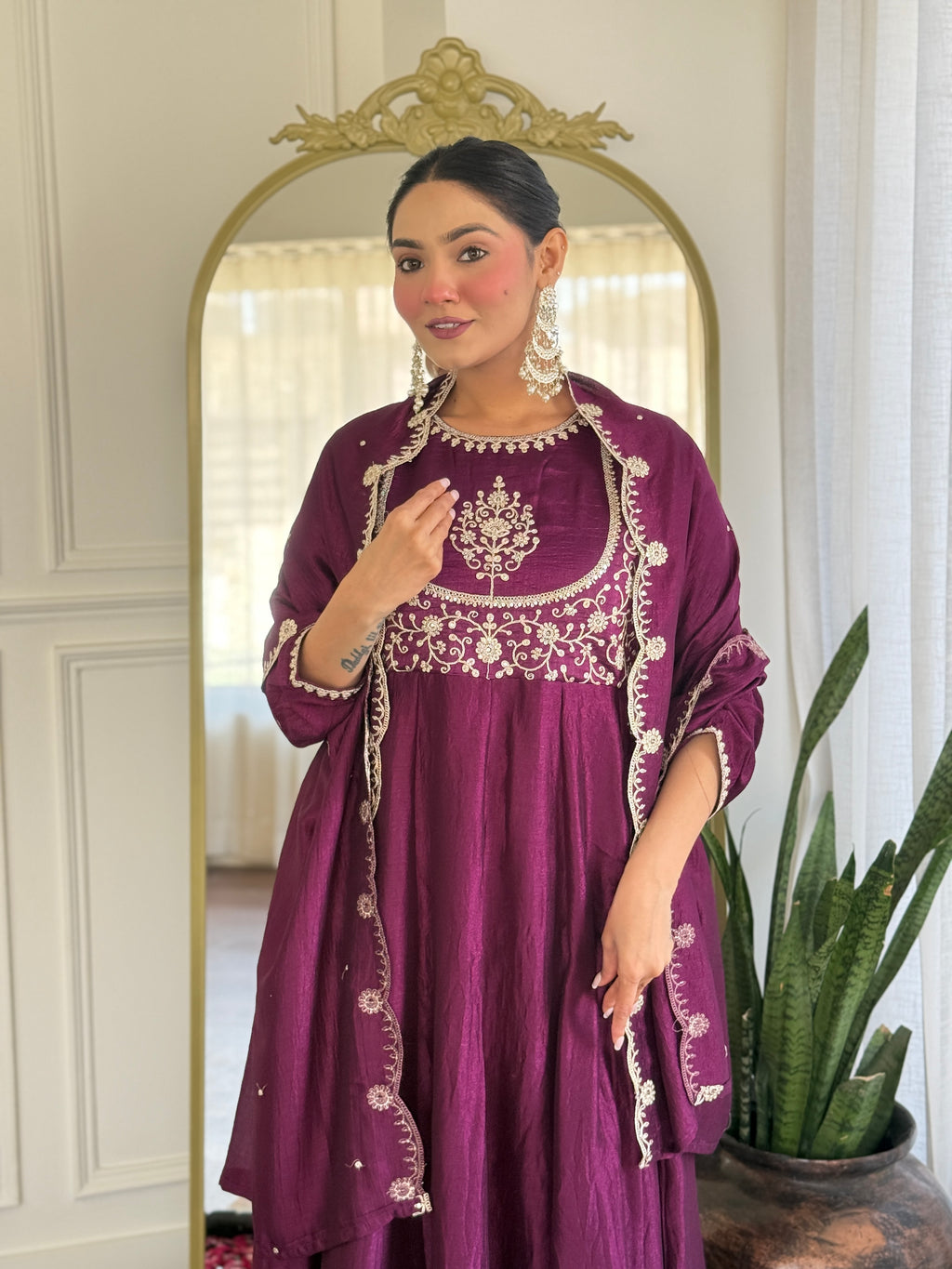 Women’s Wine Festive Vichitra Silk Kurta Set with Embroidered Cut-Work Dupatta