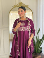 Women’s Wine Festive Vichitra Silk Kurta Set with Embroidered Cut-Work Dupatta