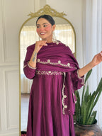 Women’s Wine Festive Vichitra Silk Kurta Set with Embroidered Cut-Work Dupatta
