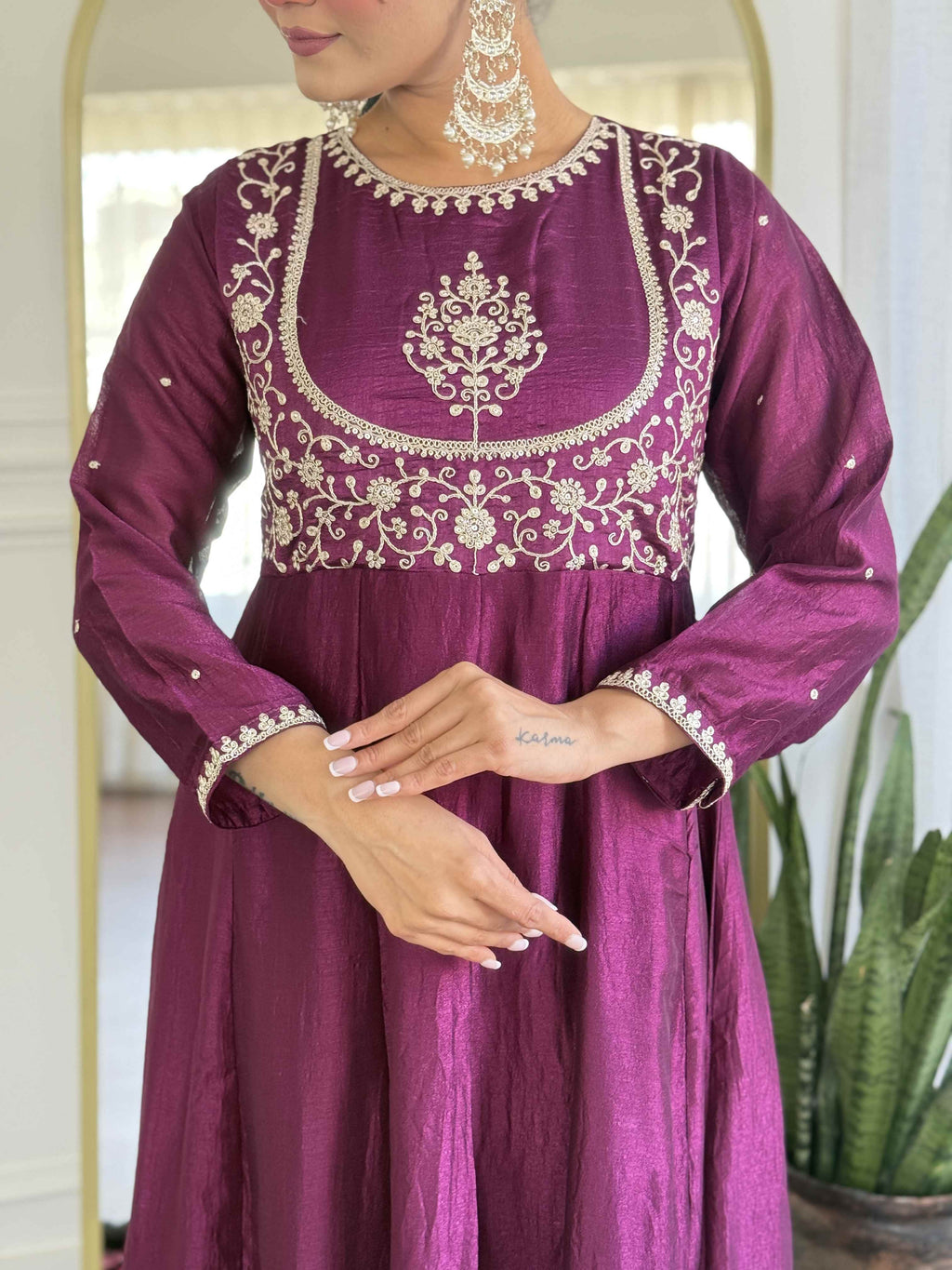 Women’s Wine Festive Vichitra Silk Kurta Set with Embroidered Cut-Work Dupatta
