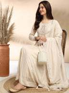 Women's Cream Silk Embroidered Kurta Set with Graceful Dupatta