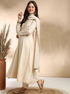 Women's Cream Silk Embroidered Kurta Set with Graceful Dupatta