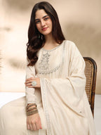 Women's Cream Silk Embroidered Kurta Set with Graceful Dupatta
