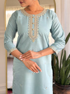 Women's Grey Chanderi Viscose Embroidered Kurta Set – Subtle & Sophisticated