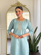 Women's Grey Chanderi Viscose Embroidered Kurta Set – Subtle & Sophisticated