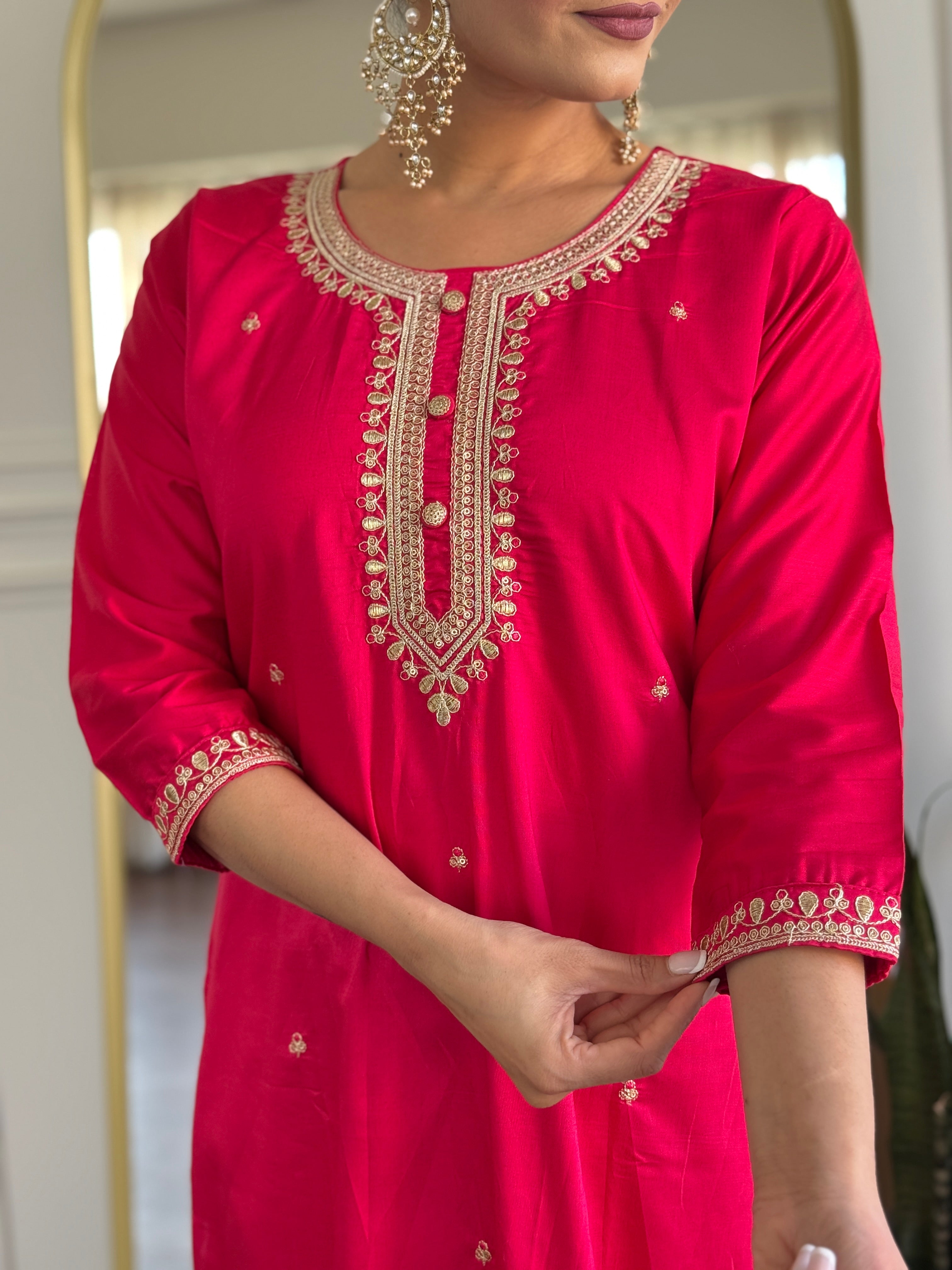 Women's Pink Chanderi Viscose Embroidered Kurta Set – Subtle & Sophisticated