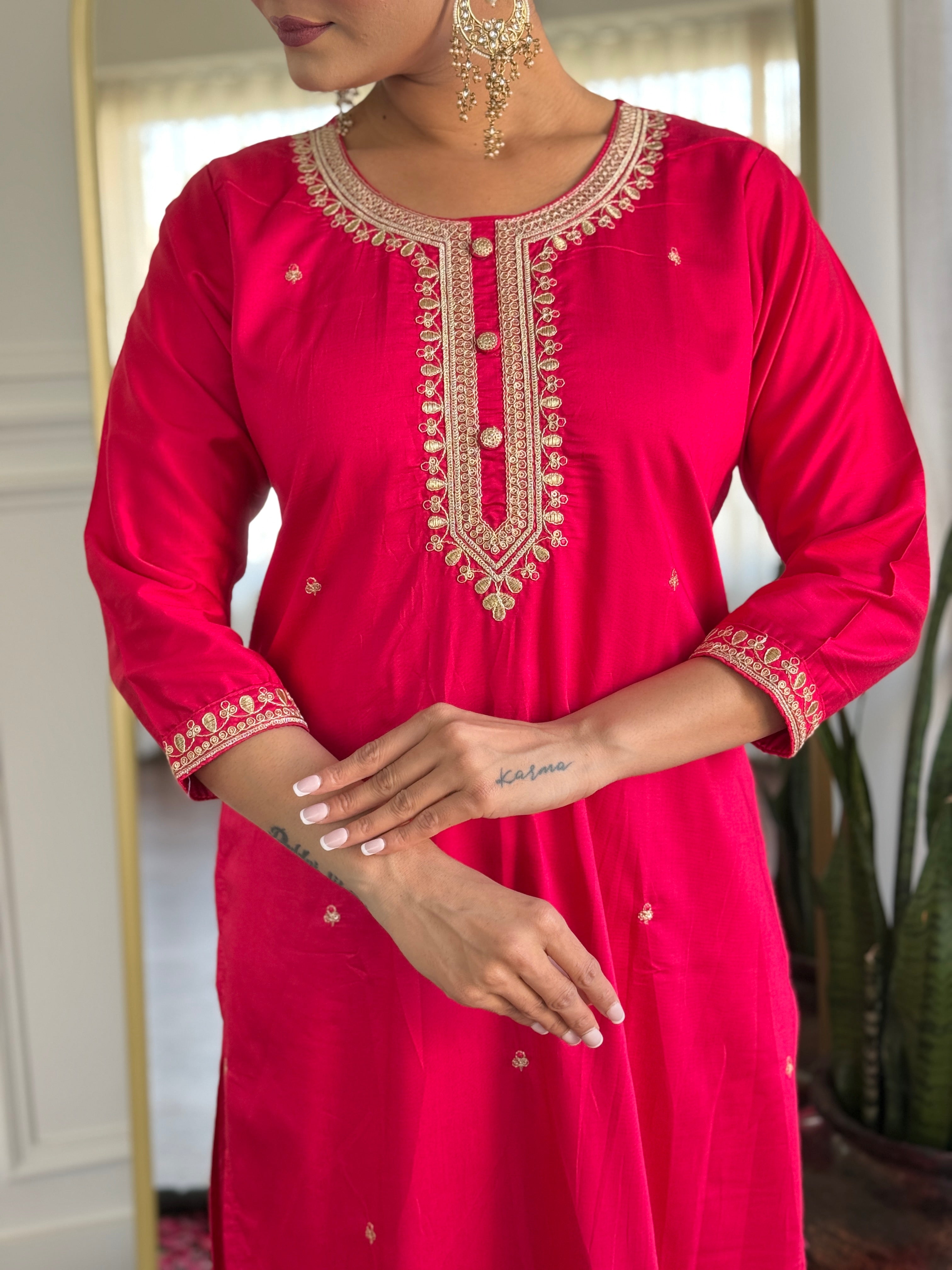 Women's Pink Chanderi Viscose Embroidered Kurta Set – Subtle & Sophisticated