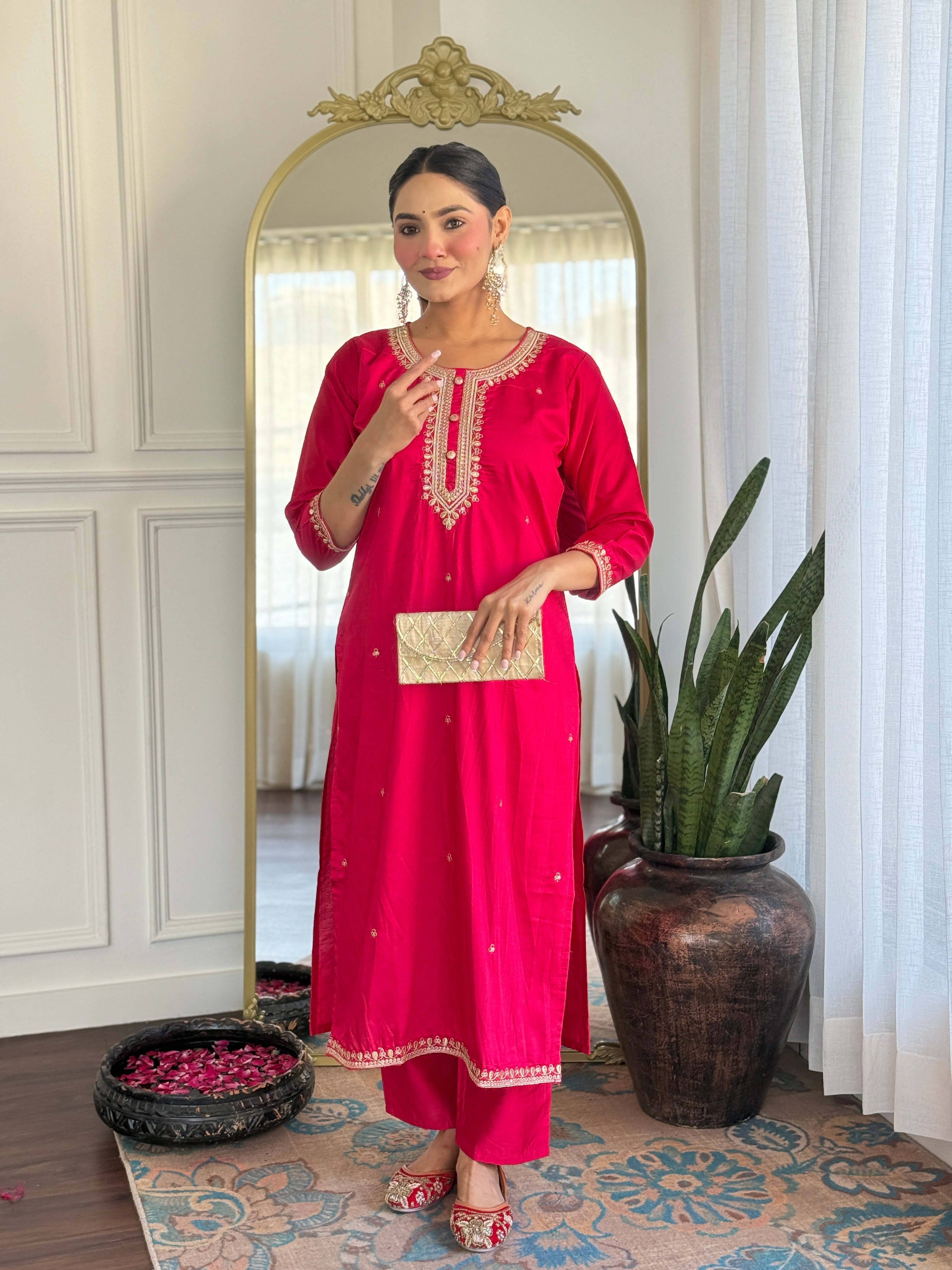 Women's Pink Chanderi Viscose Embroidered Kurta Set – Subtle & Sophisticated