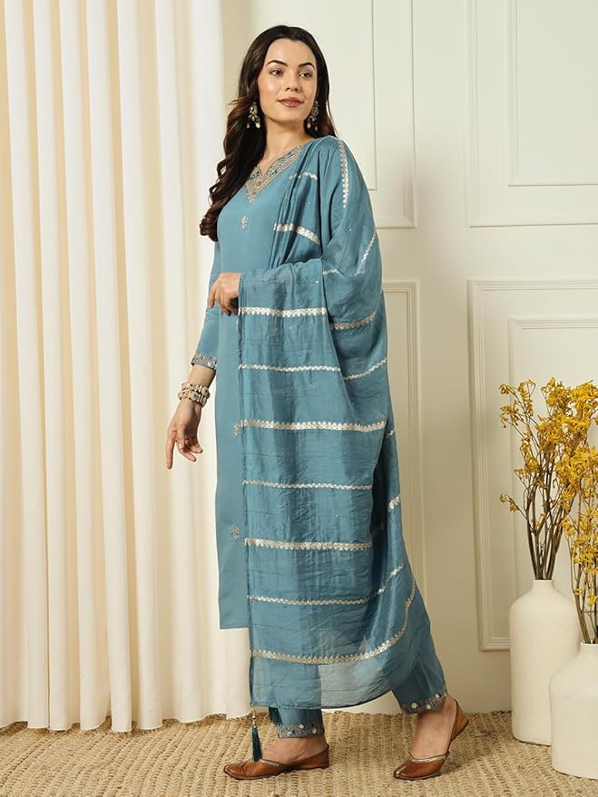 Women’s Grey Chanderi Embroidered Kurta Set with Jacquard Sequin Work Dupatta