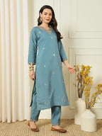 Women’s Grey Chanderi Embroidered Kurta Set with Jacquard Sequin Work Dupatta