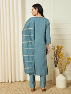 Women’s Grey Chanderi Embroidered Kurta Set with Jacquard Sequin Work Dupatta
