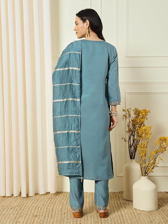 Women’s Grey Chanderi Embroidered Kurta Set with Jacquard Sequin Work Dupatta
