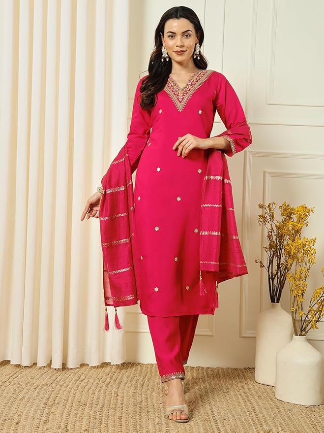 Women’s Pink Chanderi Embroidered Kurta Set with Jacquard Sequin Work Dupatta