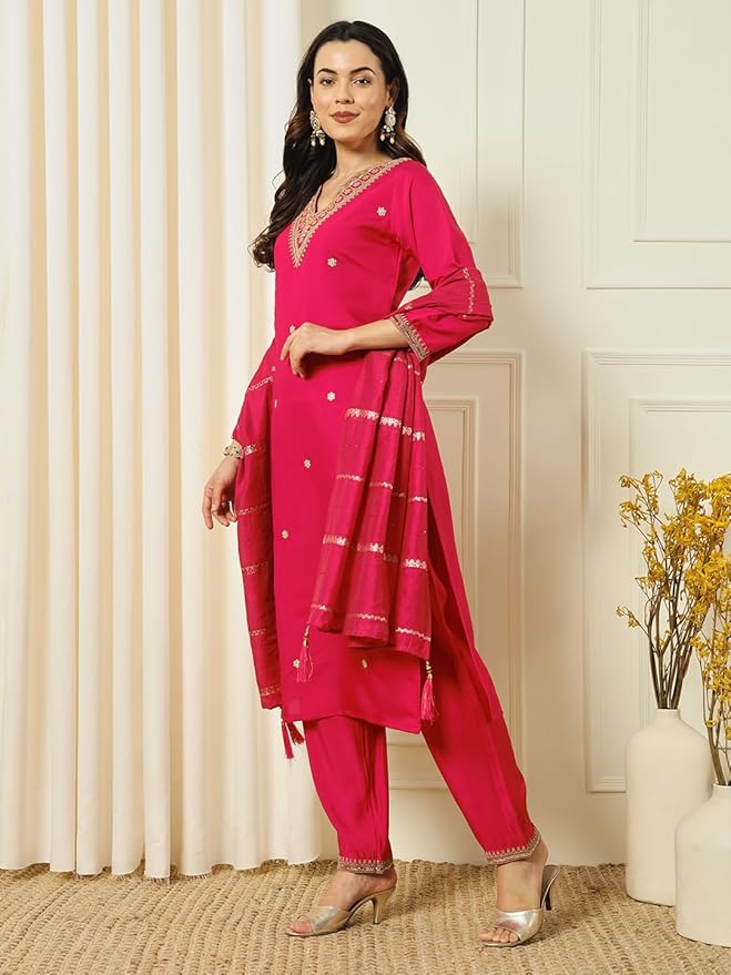 Women’s Pink Chanderi Embroidered Kurta Set with Jacquard Sequin Work Dupatta