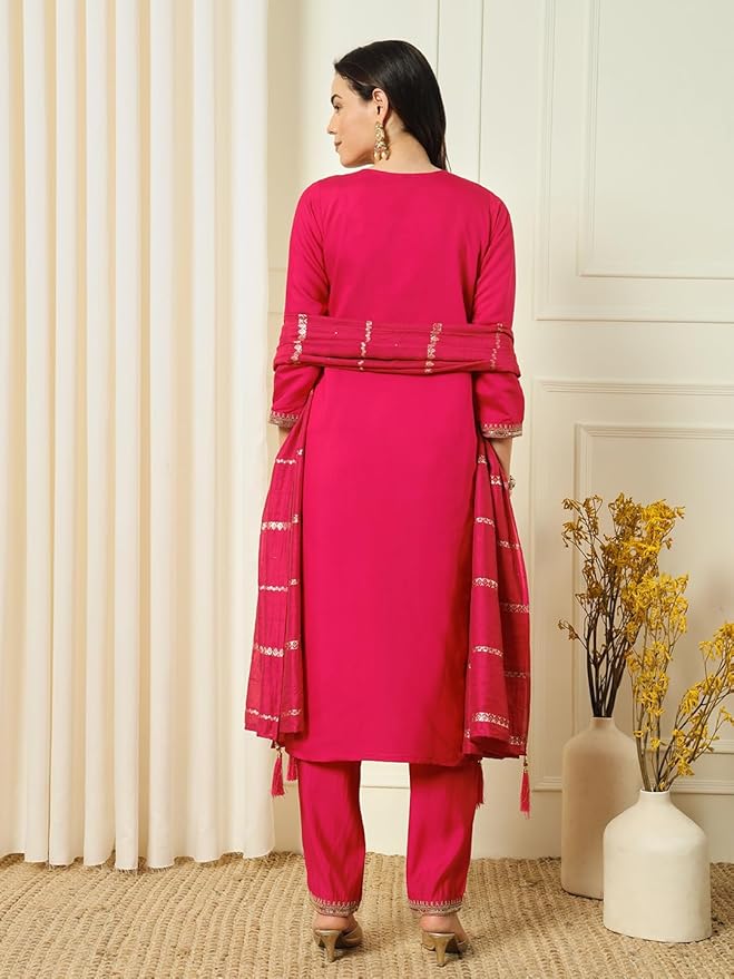 Women’s Pink Chanderi Embroidered Kurta Set with Jacquard Sequin Work Dupatta
