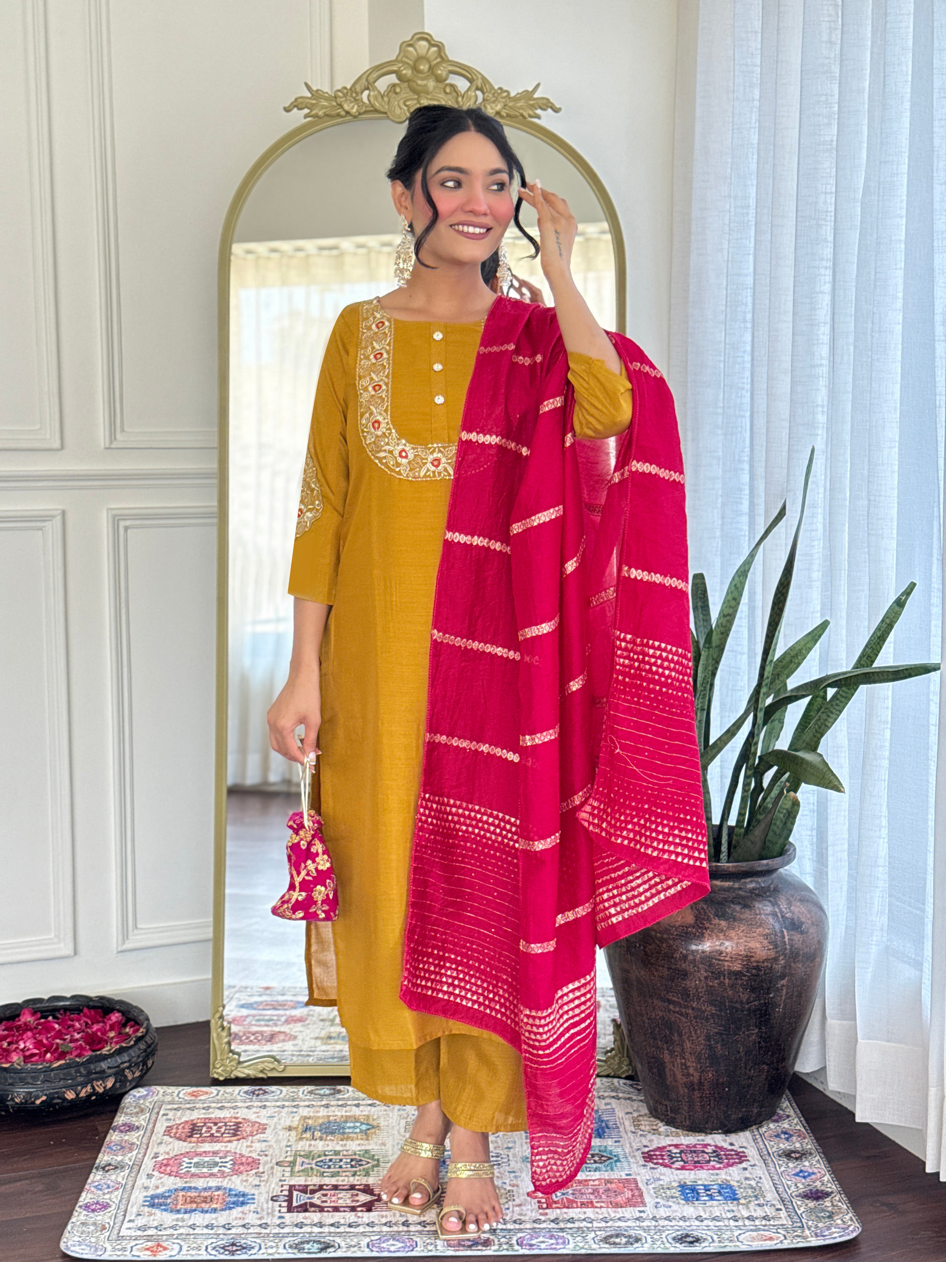 Women’s Mustard Vichitra Silk Stitched Kurta Set with Embroidered Chanderi Dupatta