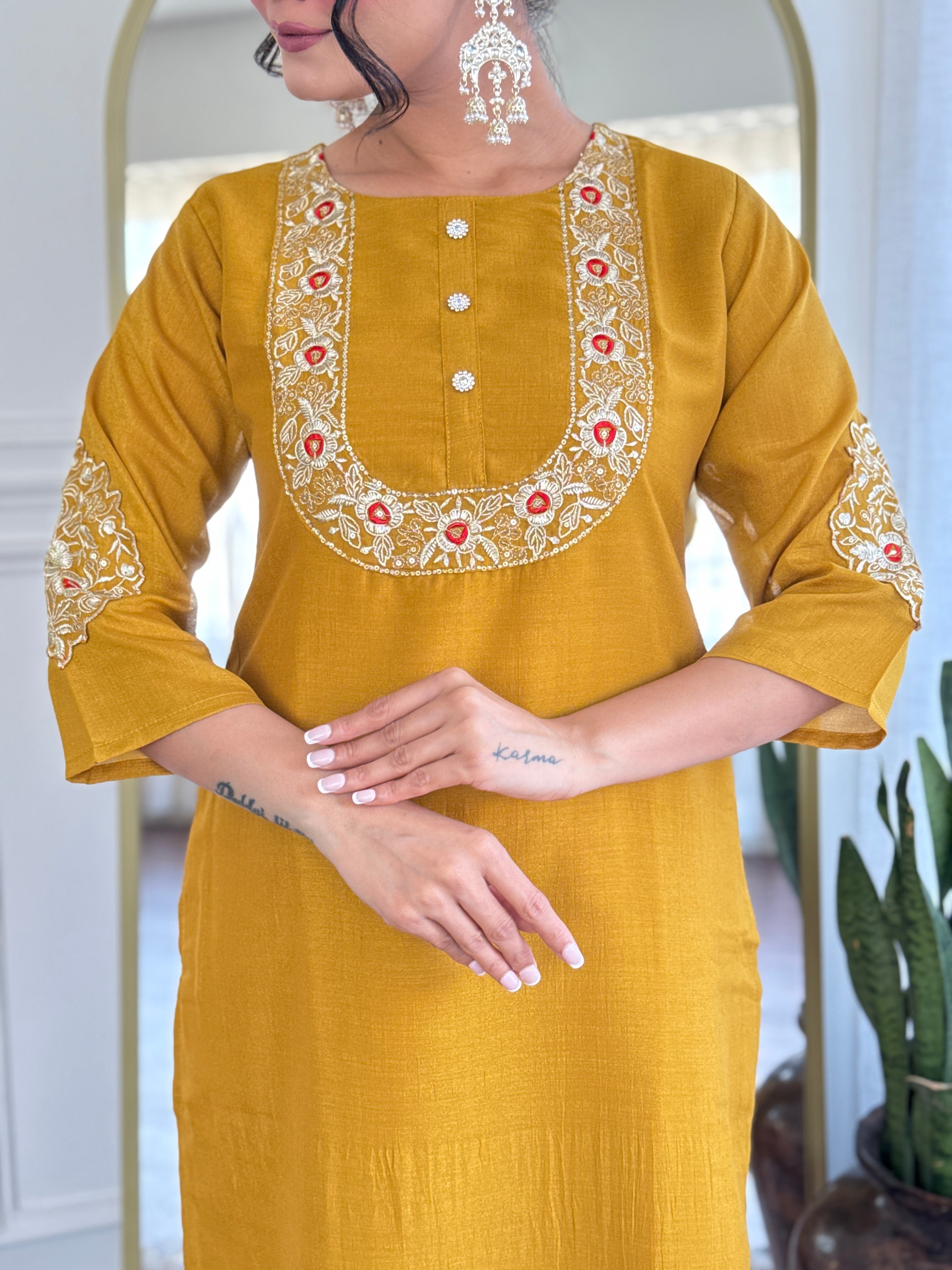 Women’s Mustard Vichitra Silk Stitched Kurta Set with Embroidered Chanderi Dupatta