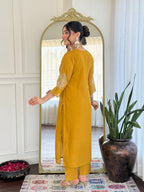Women’s Mustard Vichitra Silk Stitched Kurta Set with Embroidered Chanderi Dupatta